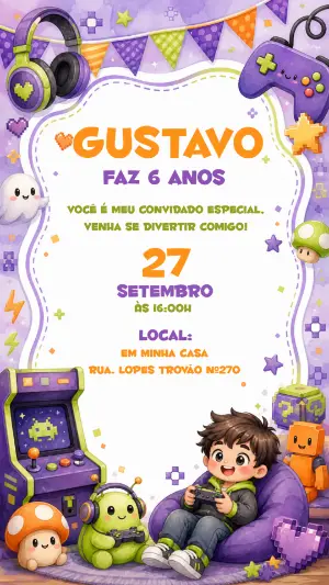 Convite de Aniversário Gamer Roxo e Verde para Editar Online