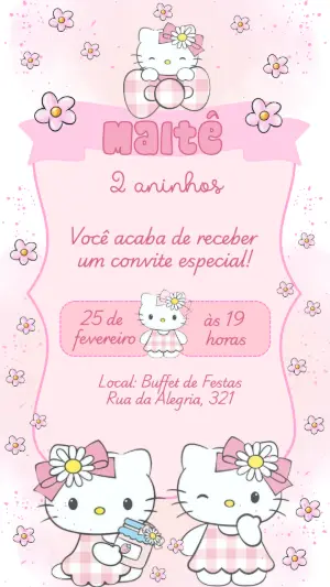 Convite Aniversário Hello Kitty Rosa para Editar Online