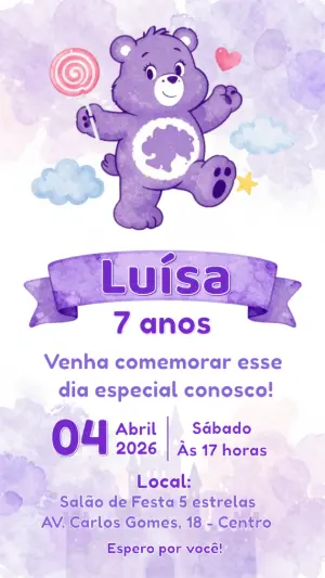 Convite de Aniversário Ursinhos Carinhosos Lilás para Editar