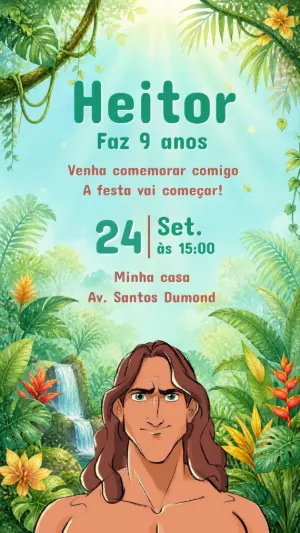 Convite de Aniversário Tarzan Editável para Festa Tema Selva