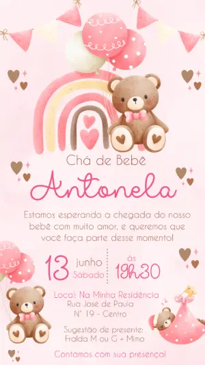 Convite Chá de Bebê Ursinha Aquarela para Editar Online