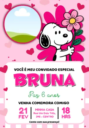 Convite de Aniversário Snoopy Rosa e Fofo para Editar