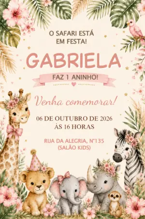 Convite de Aniversário Safari Menina para Editar