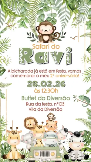 Convite Digital Aniversário Infantil Tema Safari para Editar
