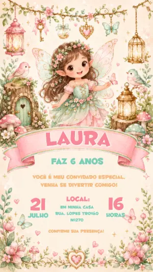 Convite de Aniversário Fada do Bosque Aquarela Editável