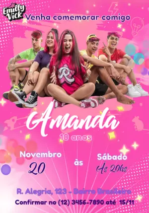 Convite de Aniversário Emily Vick Rosa e Vibrante para Editar