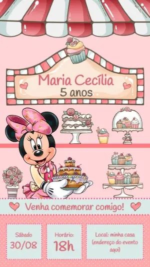 Convite Aniversário Minnie Confeiteira para Editar Online