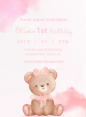 Cute Pink Teddy Bear Birthday Invitation to Edit