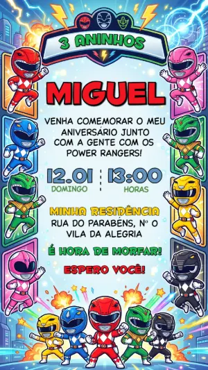 Convite de Aniversário Power Rangers Colorido para Editar