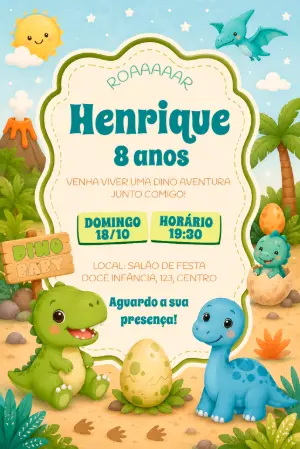 Convite de Aniversário Dino Baby Editável para Editar