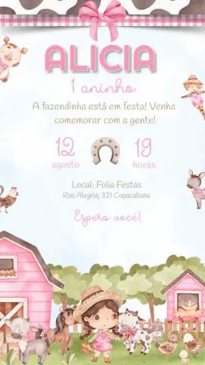 Convite de Aniversário Fazendinha Rosa para Editar