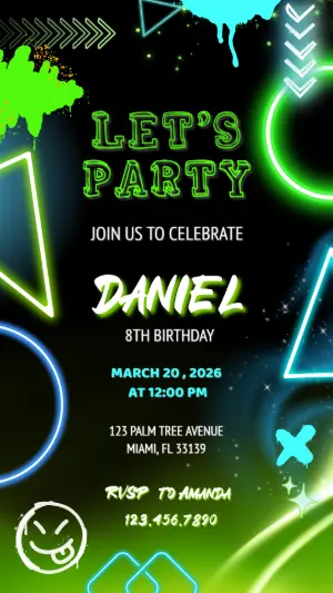 Editable Neon Gamer Birthday Party Invitation Template