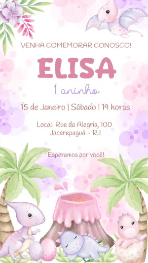 Convite Aniversário Dino Baby Menina para Editar Online