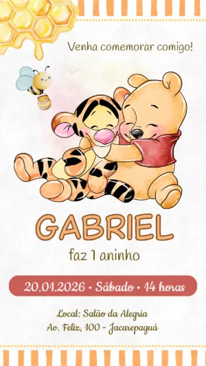Convite Aniversário Ursinho Pooh e Tigrão Aquarela para Editar