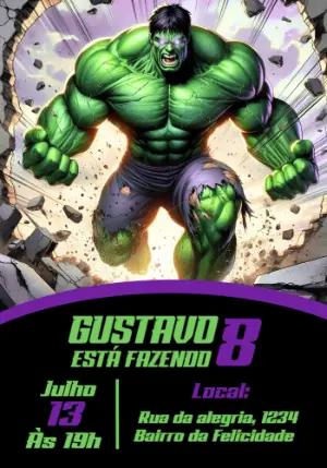 Convite de Aniversário Incrível Hulk Quebrando Parede para Editar