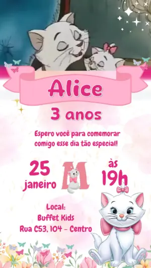 Convite Animado Gatinha Marie Aniversário Infantil para Editar