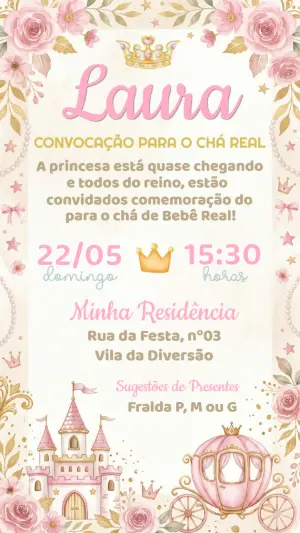Convite Chá de Bebê Princesa Rosa e Dourado Editável
