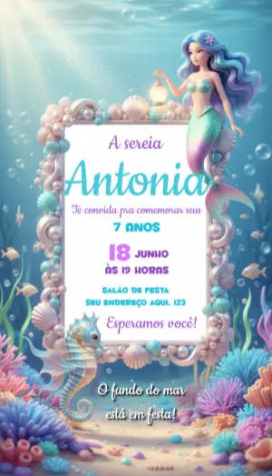 Convite de Aniversário Sereia Fundo do Mar Editável Online