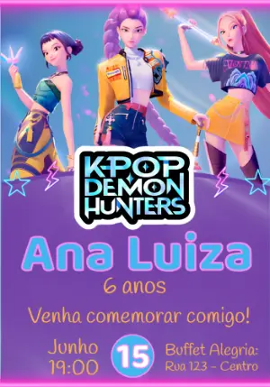 Invitation d'anniversaire KPop Demon Hunters – Statique – Convites e Artes Digitais