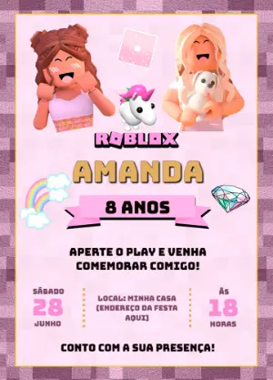 Convite Aniversário Roblox Menina para Editar Online