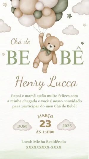 Convite Chá de Bebê Ursinho Aquarela para Editar Online