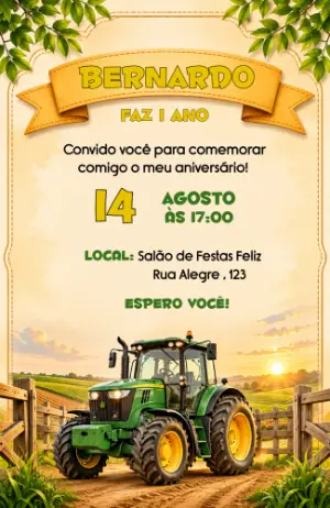 Convite de Aniversário Fazendinha Trator Verde para Editar