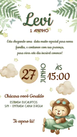 Convite de Aniversário Ursinho Aviador Editável