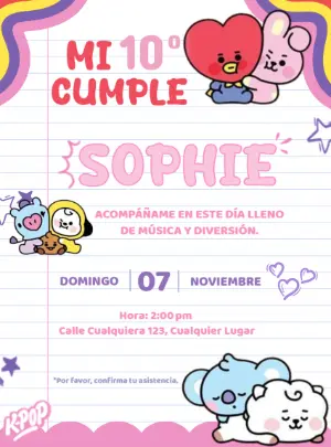 Invitación de Cumpleaños K-Pop BT21 Colorida para Editar