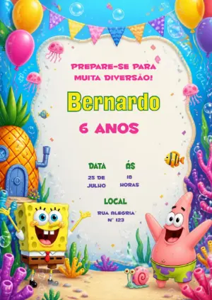 Convite de Aniversário Bob Esponja para Editar Online