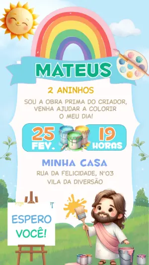 Convite de Aniversário Infantil Jesus Pintor Colorido para Editar