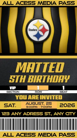 Football Media Pass Birthday Invitation Pittsburgh Steelers