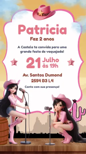 Convite de Aniversário Boiadeira Rosa para Editar Online