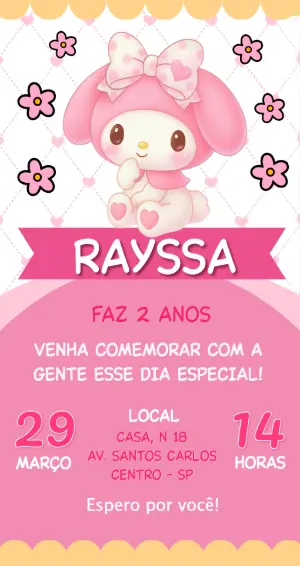 Convite Digital My Melody Aniversário Infantil para Editar