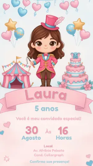 Convite de Aniversário Circo Rosa Menina Domadora Editável