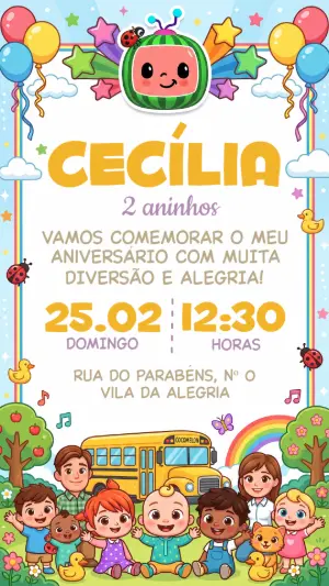Convite Digital Cocomelon Editável para Festa Infantil