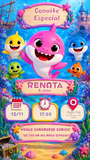 Convite de Aniversário Baby Shark Editável Fundo do Mar