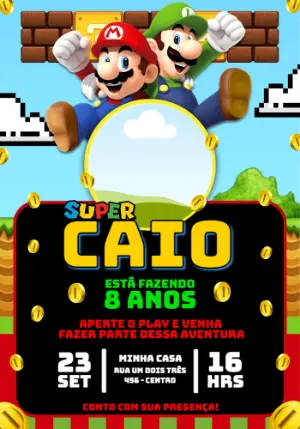 Convite de Aniversário Super Mario e Luigi para Editar