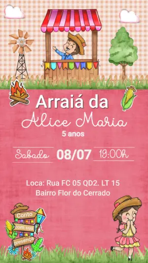 Convite Animado Aniversário Festa Junina com Personagens para Editar