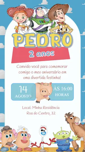 Convite Aniversário Toy Story com Personagens para Editar Online