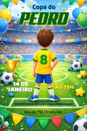 Convite Digital Aniversário Infantil Tema Futebol Editável