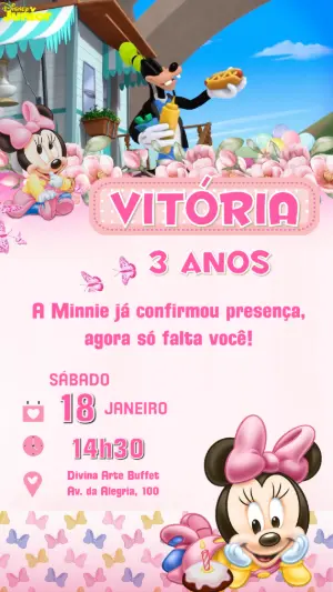 Vídeo Convite de Aniversário Minnie Rosa Editável
