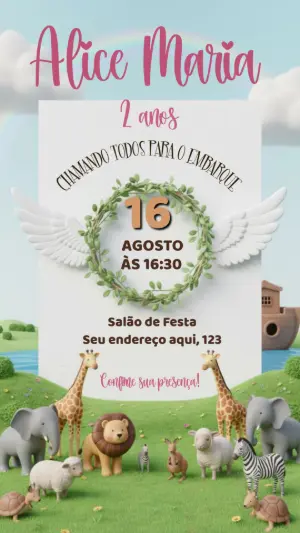 Convite de Aniversário Arca de Noé 3D Fofo para Editar