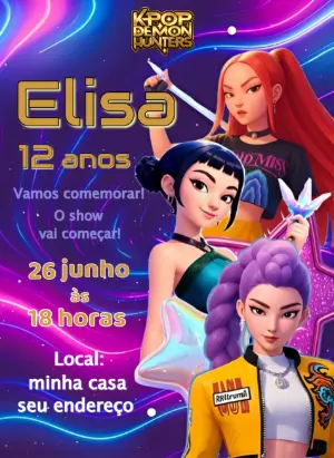 Convite de Aniversário K-pop Guerreiras 3D Modelo Editável