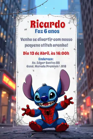 Convite Aniversário Stitch Homem Aranha para Editar Online