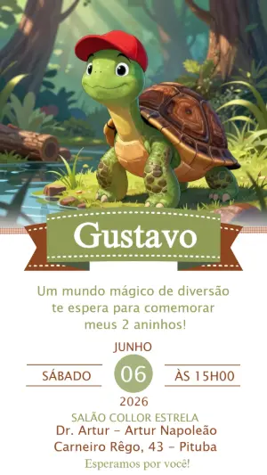 Convite Digital Aniversário Infantil Tema Tartaruga Editável