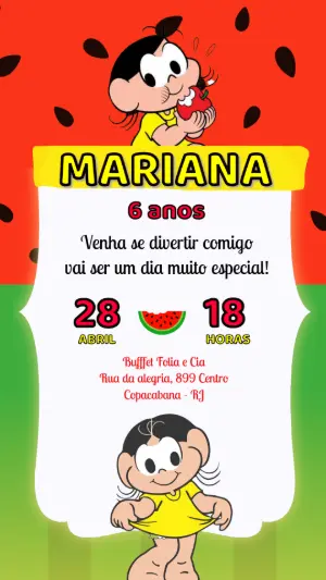 Convite de Aniversário Magali e Melancia Editável para Menina