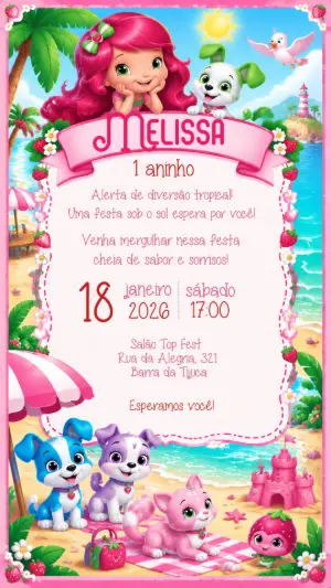 Convite de Aniversário Moranguinho Praia Tropical Editável