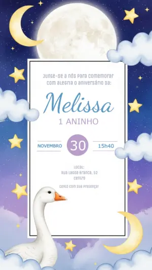 Convite Aniversário Ganso e Lua no Céu Estrelado para Editar