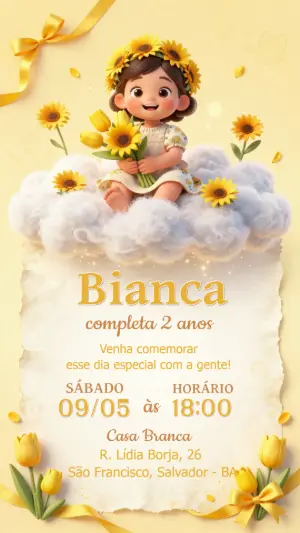 Convite Aniversário Infantil Girassol Menina Modelo Editável