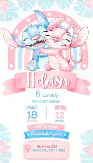 Convite Animado Aniversário Stitch e Angel Pastel para Editar